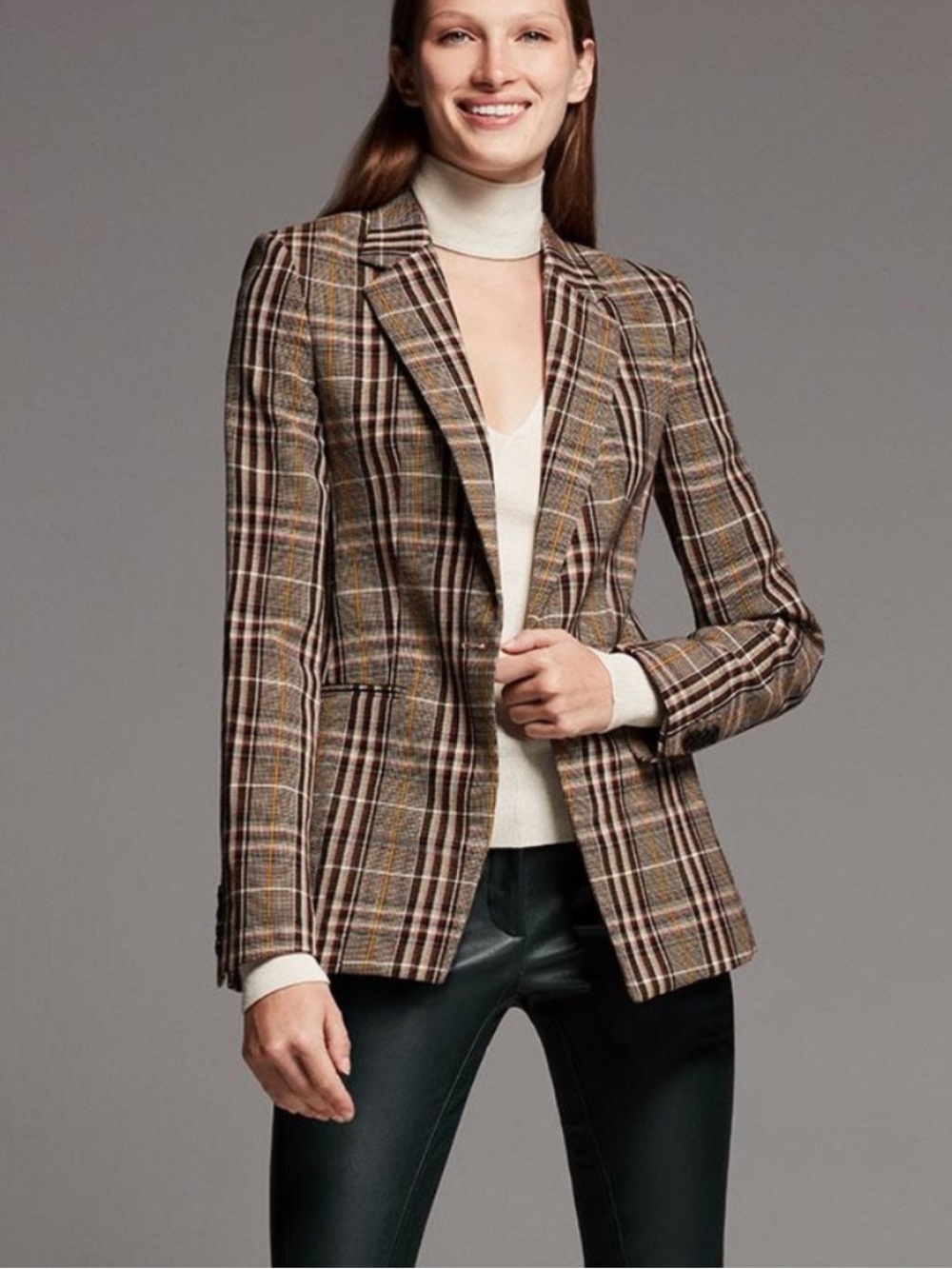 Theory Brown Gray Power Blazer Jacket in Bexley plaid Sz 4